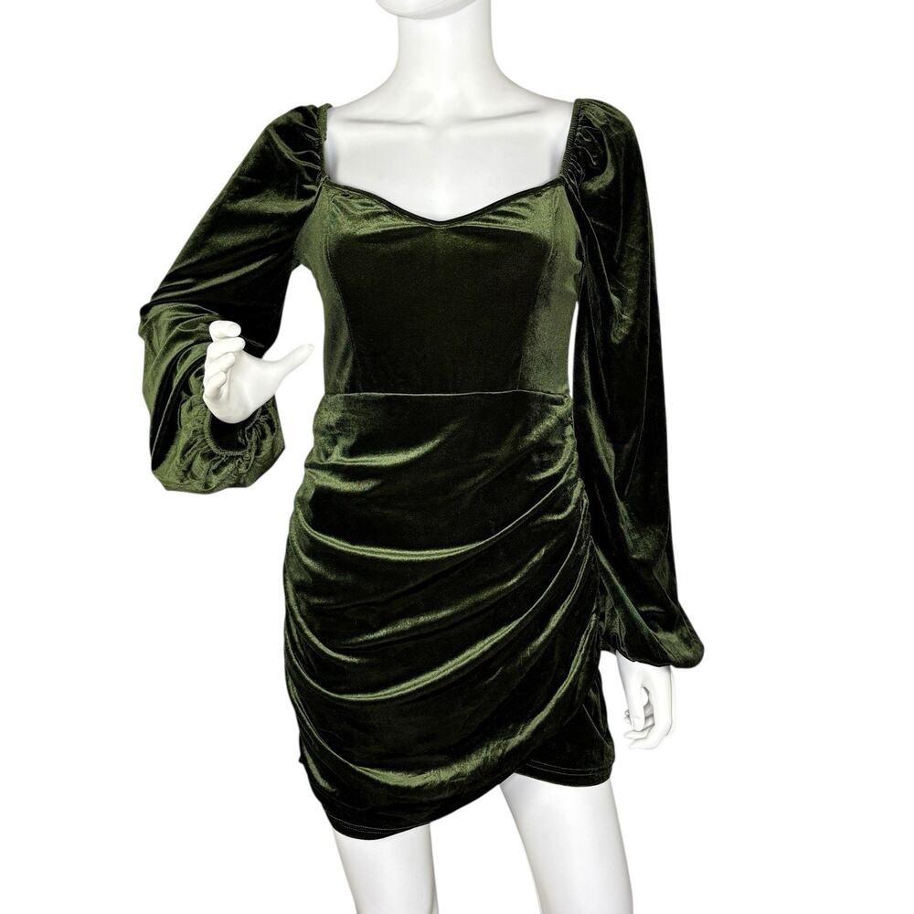 Cider Mini Dress Velvet Bodycon Balloon Sleeve Fairy Grunge Olive Green Size L